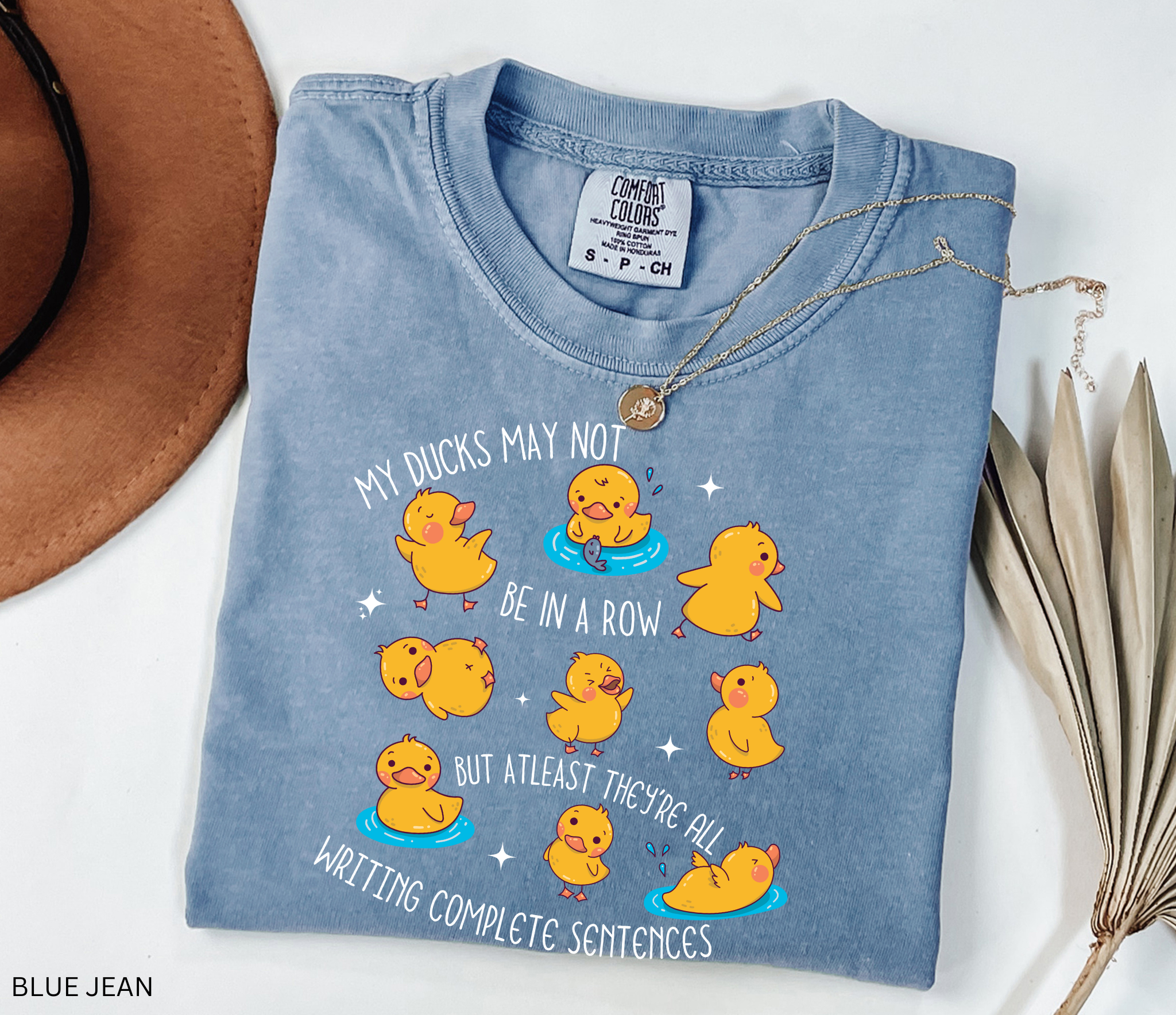 Playful duck illustration with the phrase ‘My ducks may not be in a row, but at least they’re all writing complete sentences,’ designed as a humorous shirt for English teachers.
