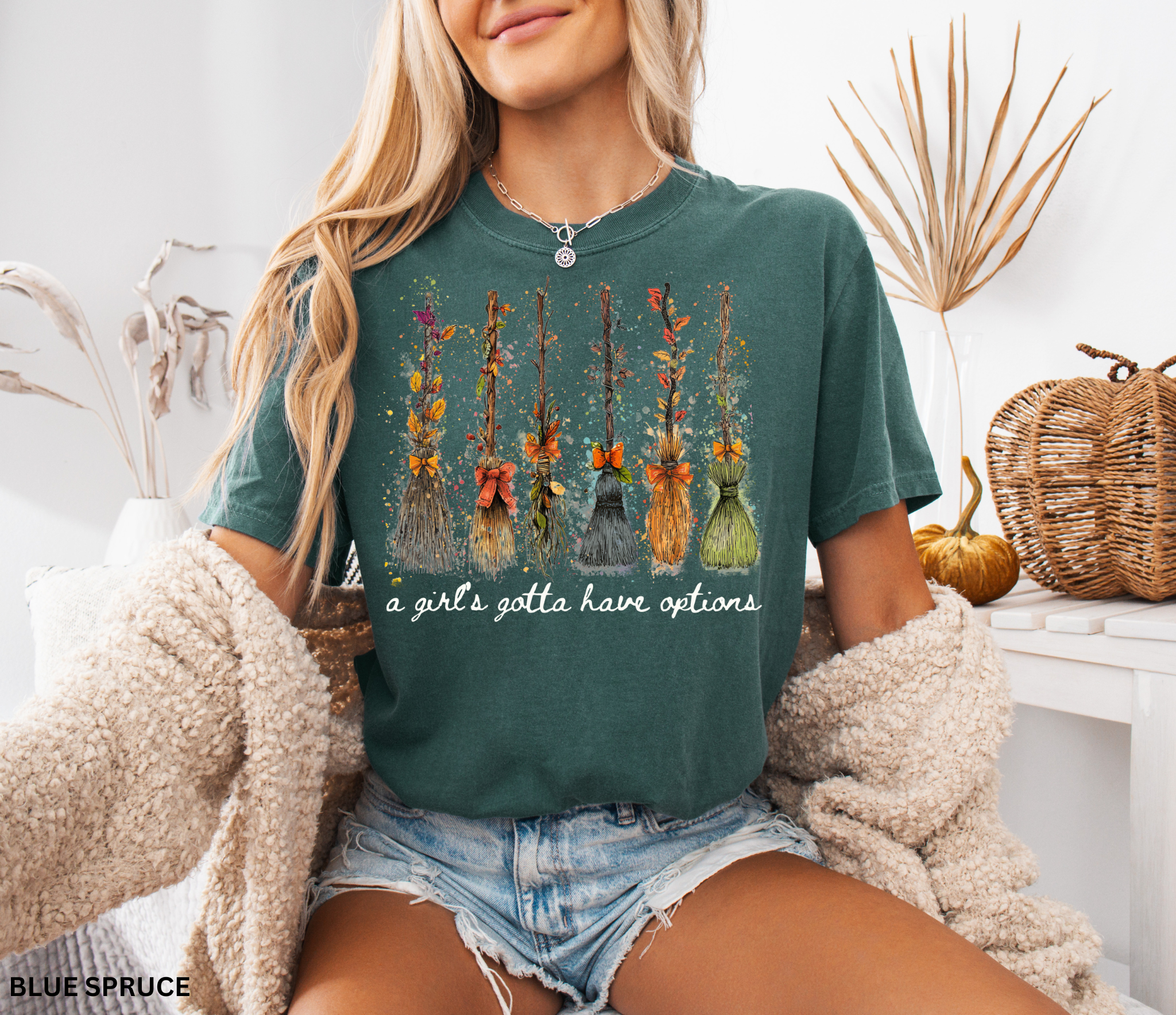 Funny Halloween witch broom shirt with quote A Girl’s Gotta Have Options