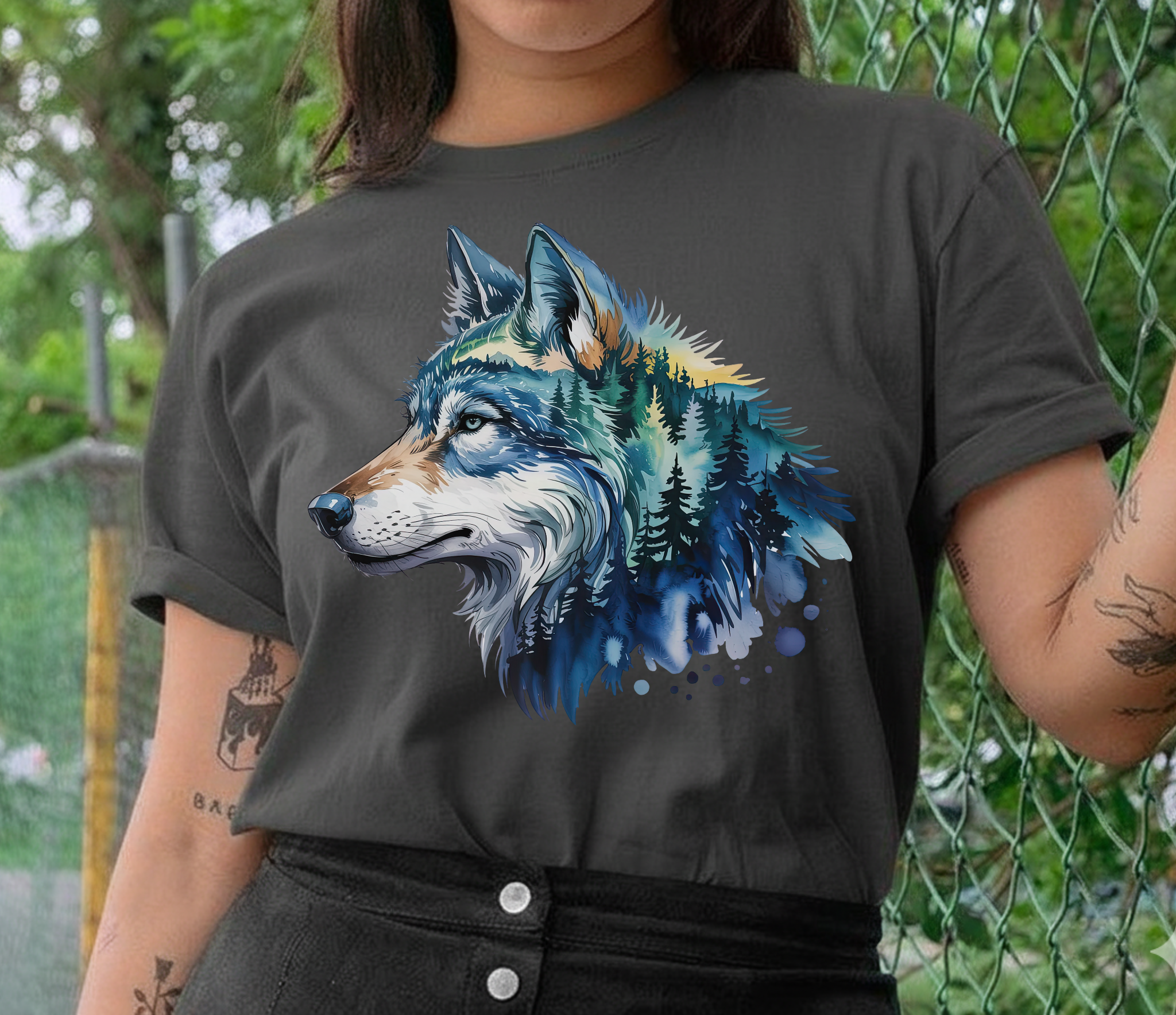 Artistic wolf portrait blended with forest trees and twilight sky in a woodland wilderness design