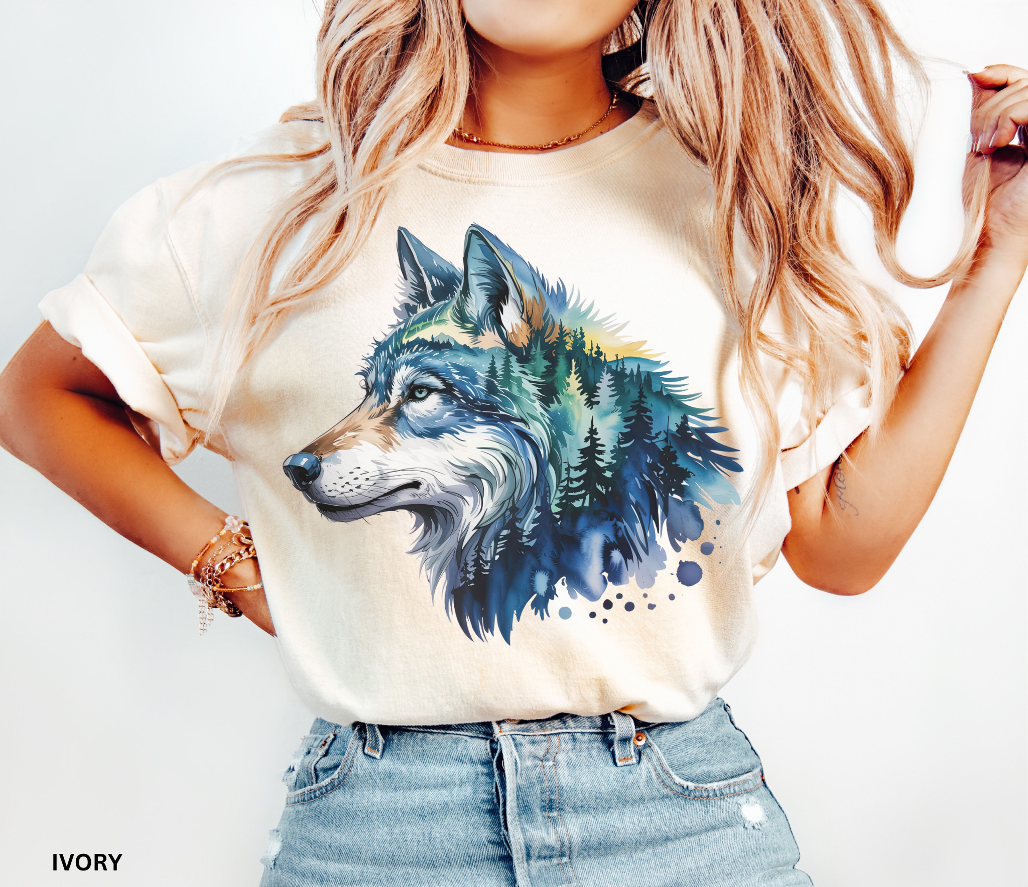 Artistic wolf portrait blended with forest trees and twilight sky in a woodland wilderness design