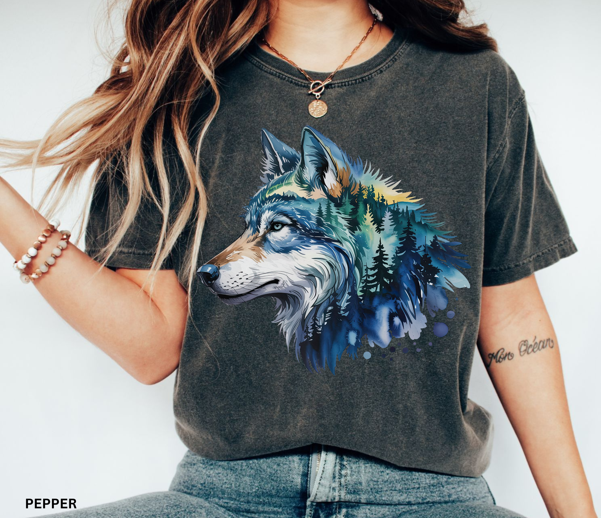 Artistic wolf portrait blended with forest trees and twilight sky in a woodland wilderness design
