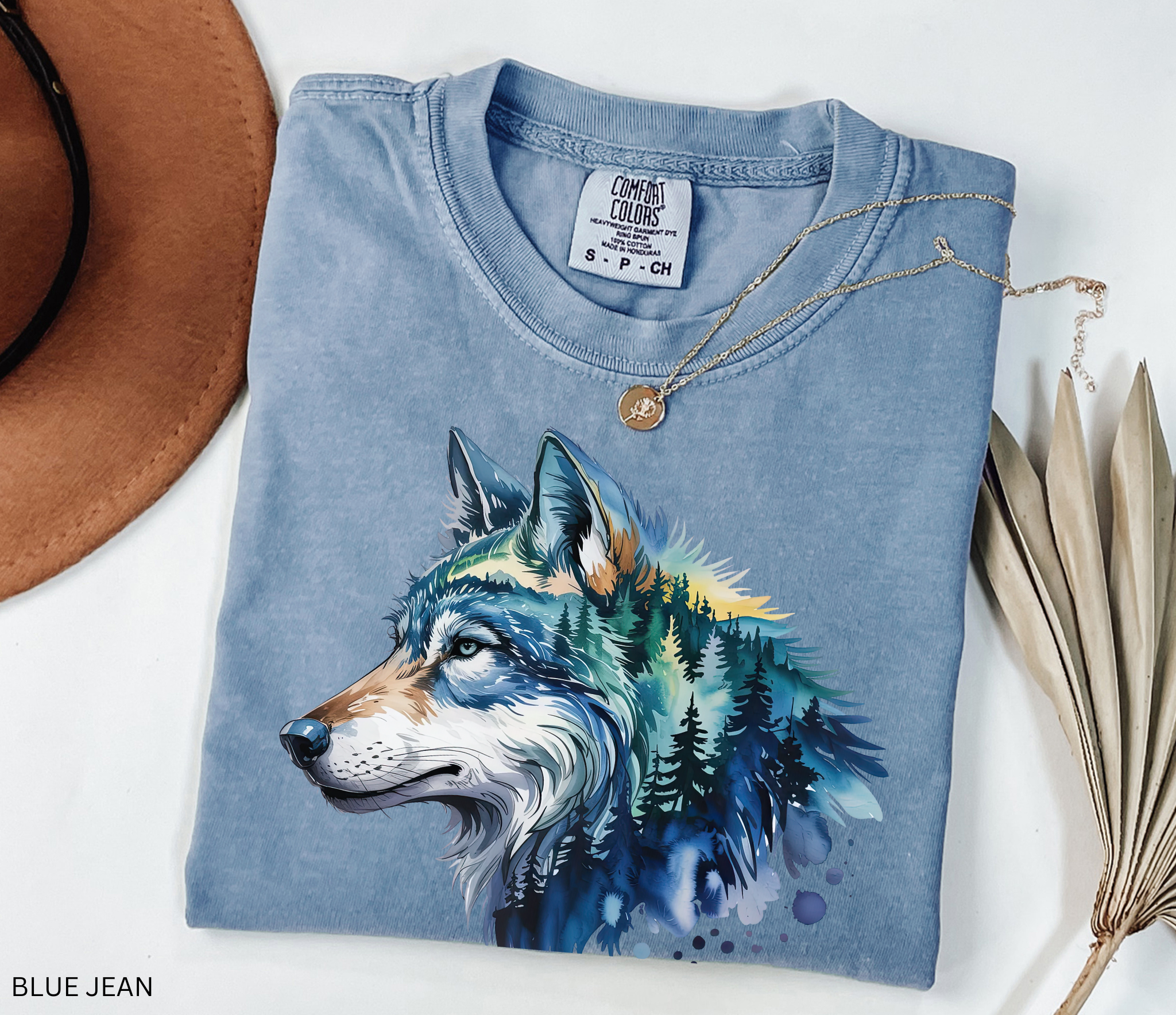 Artistic wolf portrait blended with forest trees and twilight sky in a woodland wilderness design