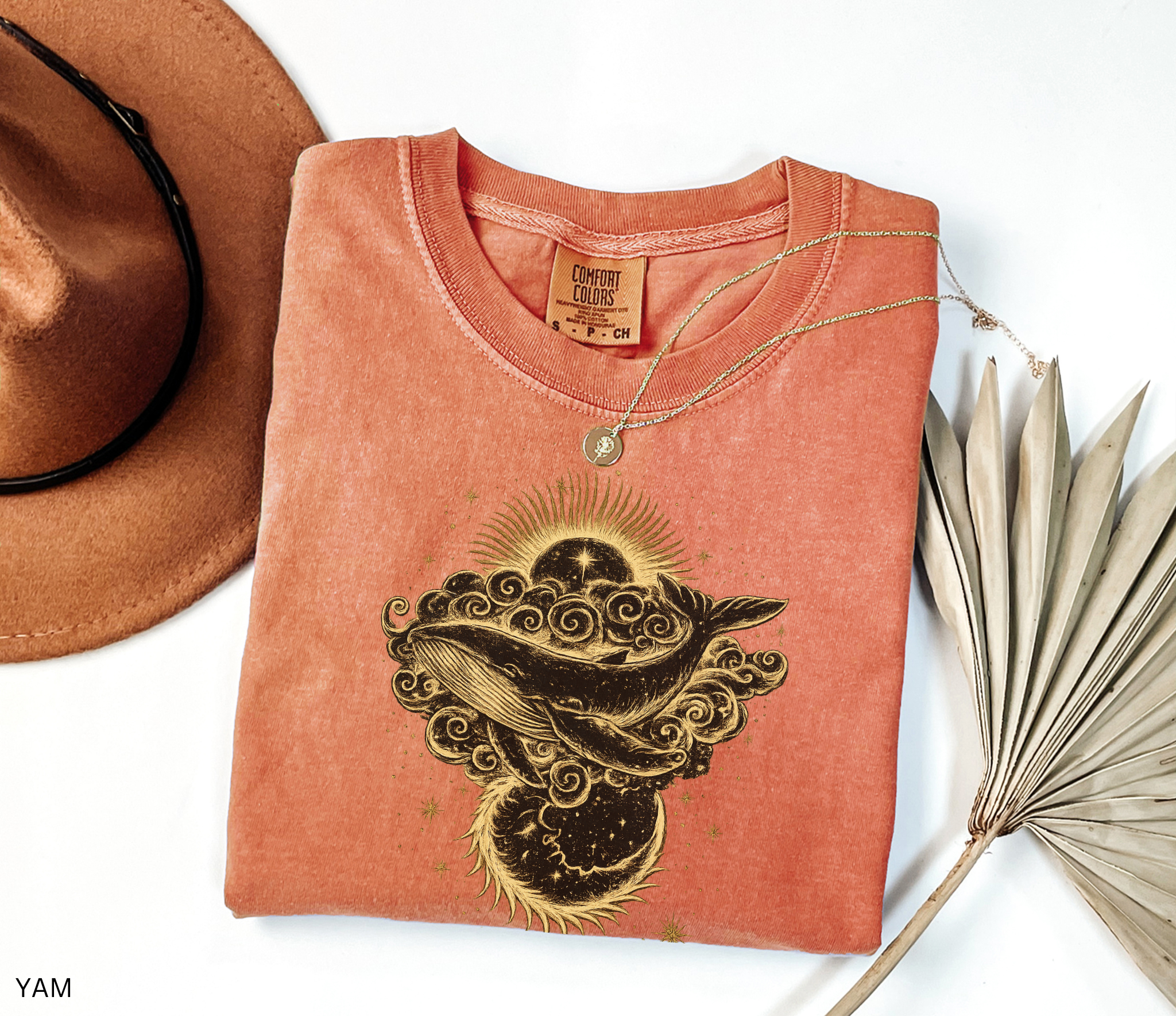 Celestial whale sun and moon graphic printed on Comfort Colors yam t-shirt, cosmic ocean aesthetic