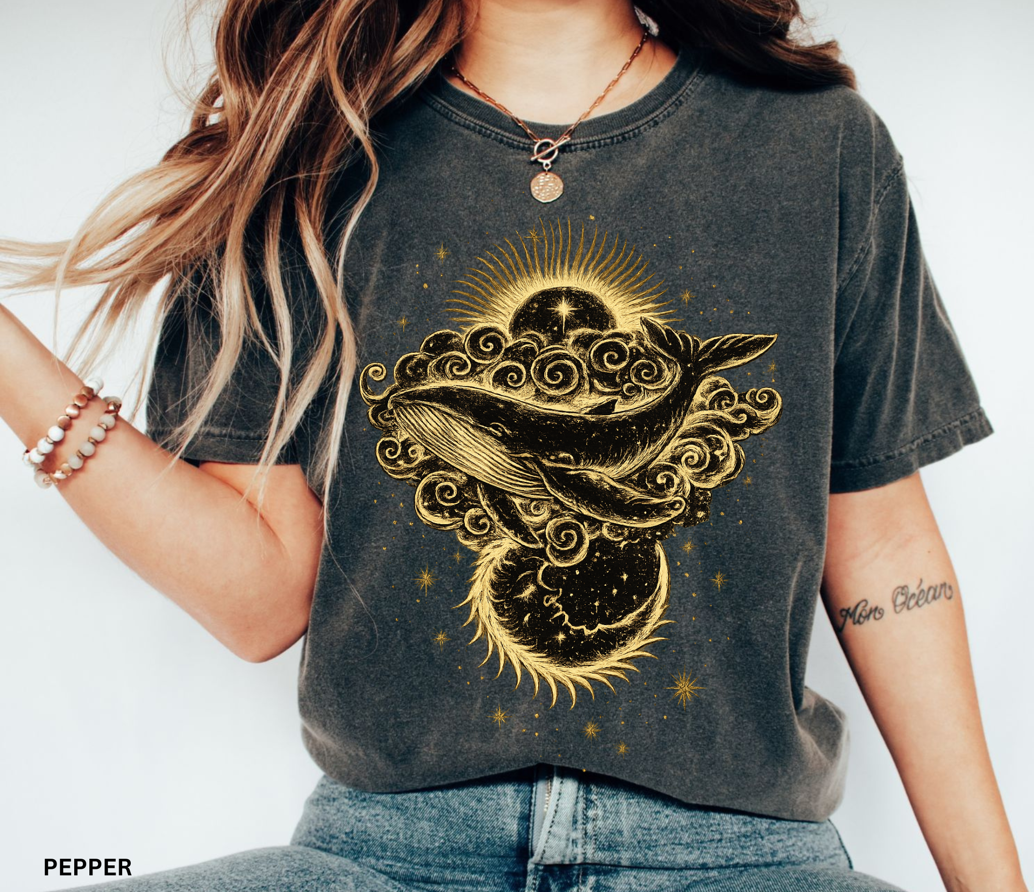 Celestial whale sun and moon graphic printed on Comfort Colors yam t-shirt, cosmic ocean aesthetic