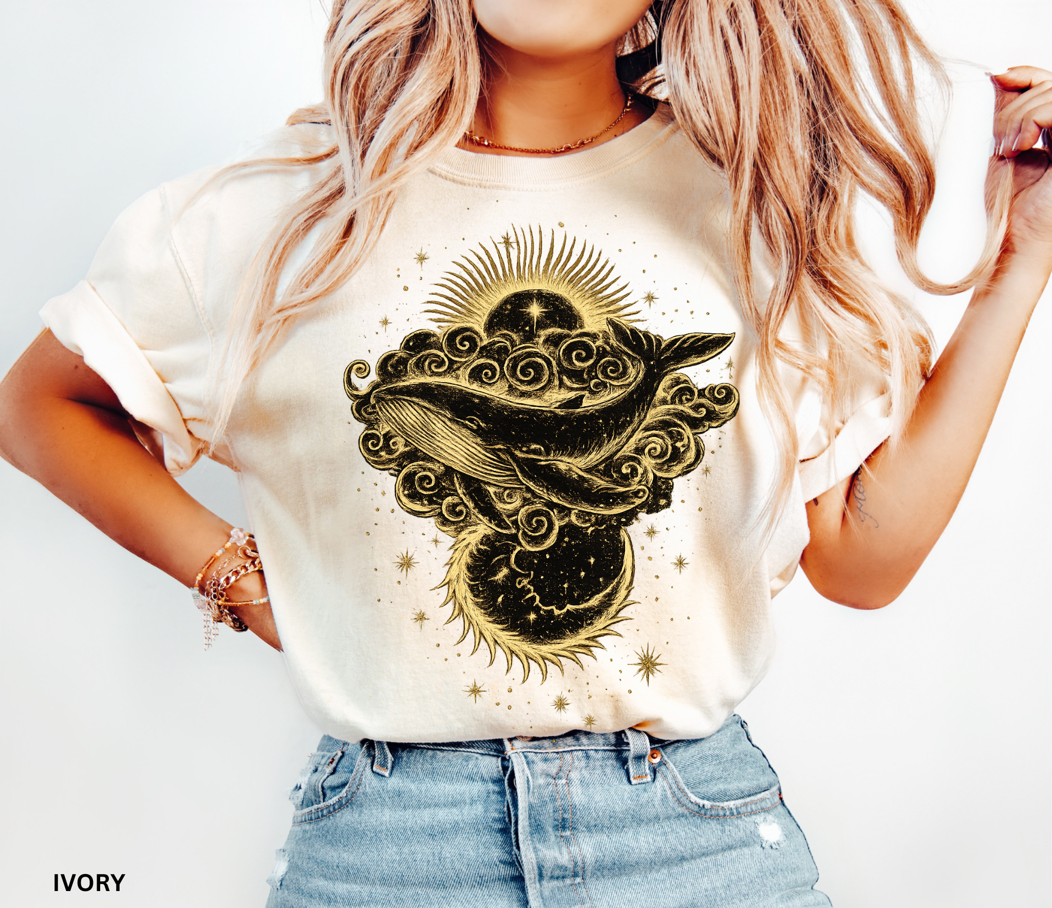 Celestial whale sun and moon graphic printed on Comfort Colors yam t-shirt, cosmic ocean aesthetic