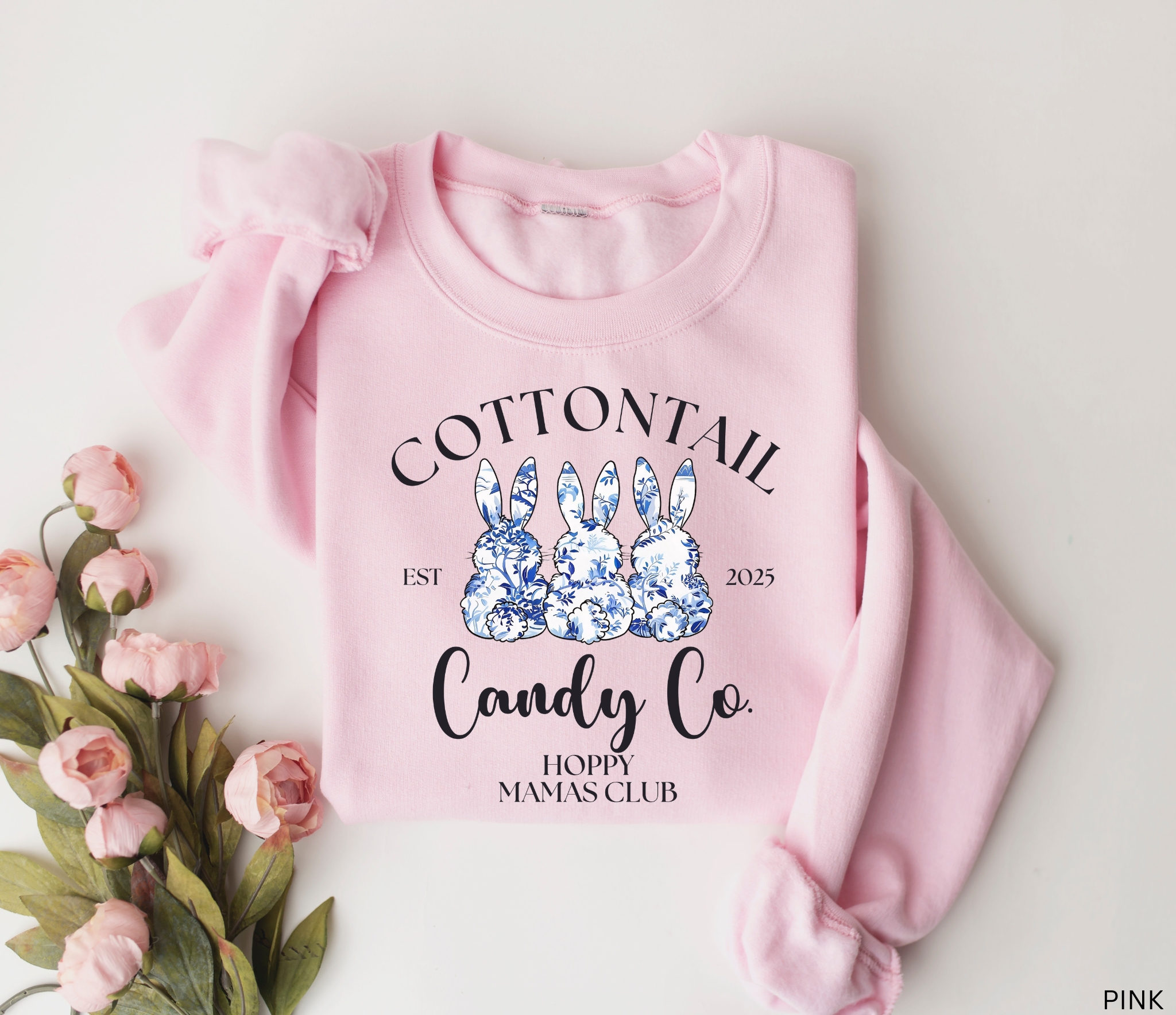 Personalised Hoppy Mamas Club Easter sweatshirt with blue floral bunnies and custom text
