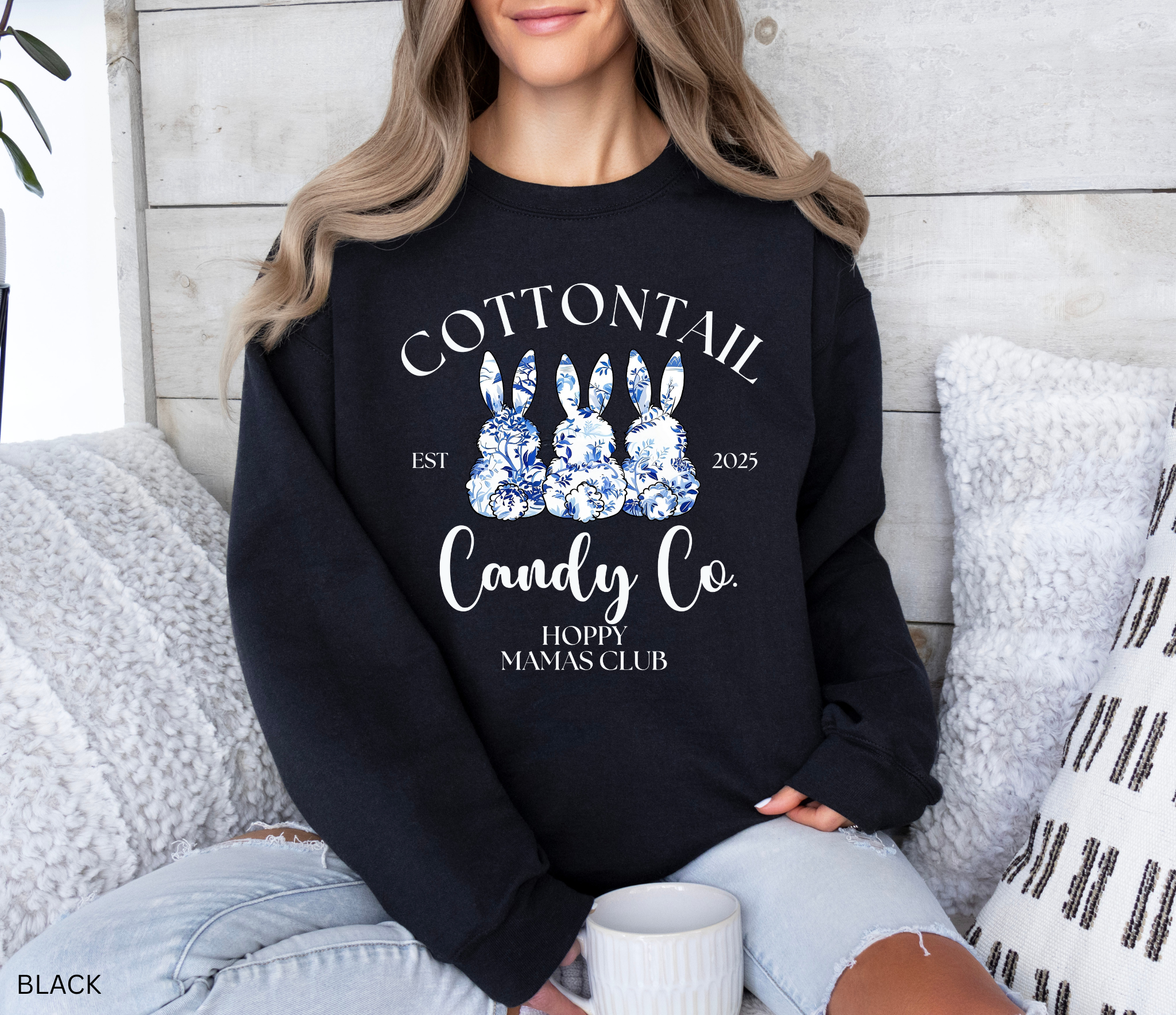 Personalised Hoppy Mamas Club Easter sweatshirt with blue floral bunnies and custom text