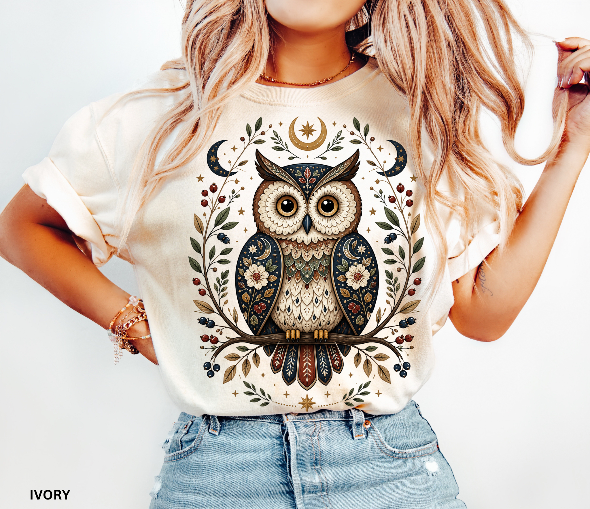 Whimsical celestial owl illustration with moon phases, stars, berries, and floral folk-art details in a woodland cottagecore fantasy aesthetic.