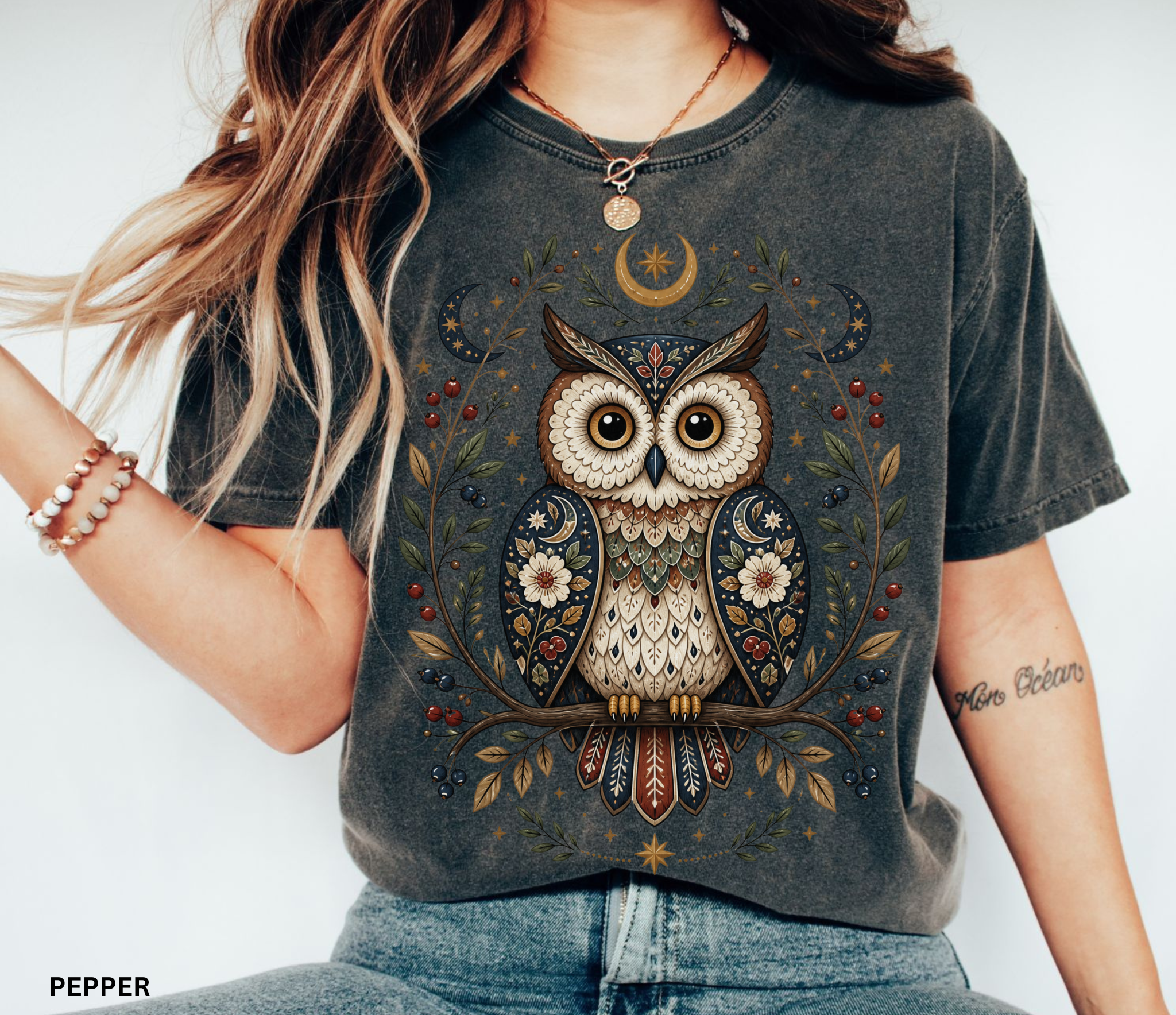 Whimsical celestial owl illustration with moon phases, stars, berries, and floral folk-art details in a woodland cottagecore fantasy aesthetic.