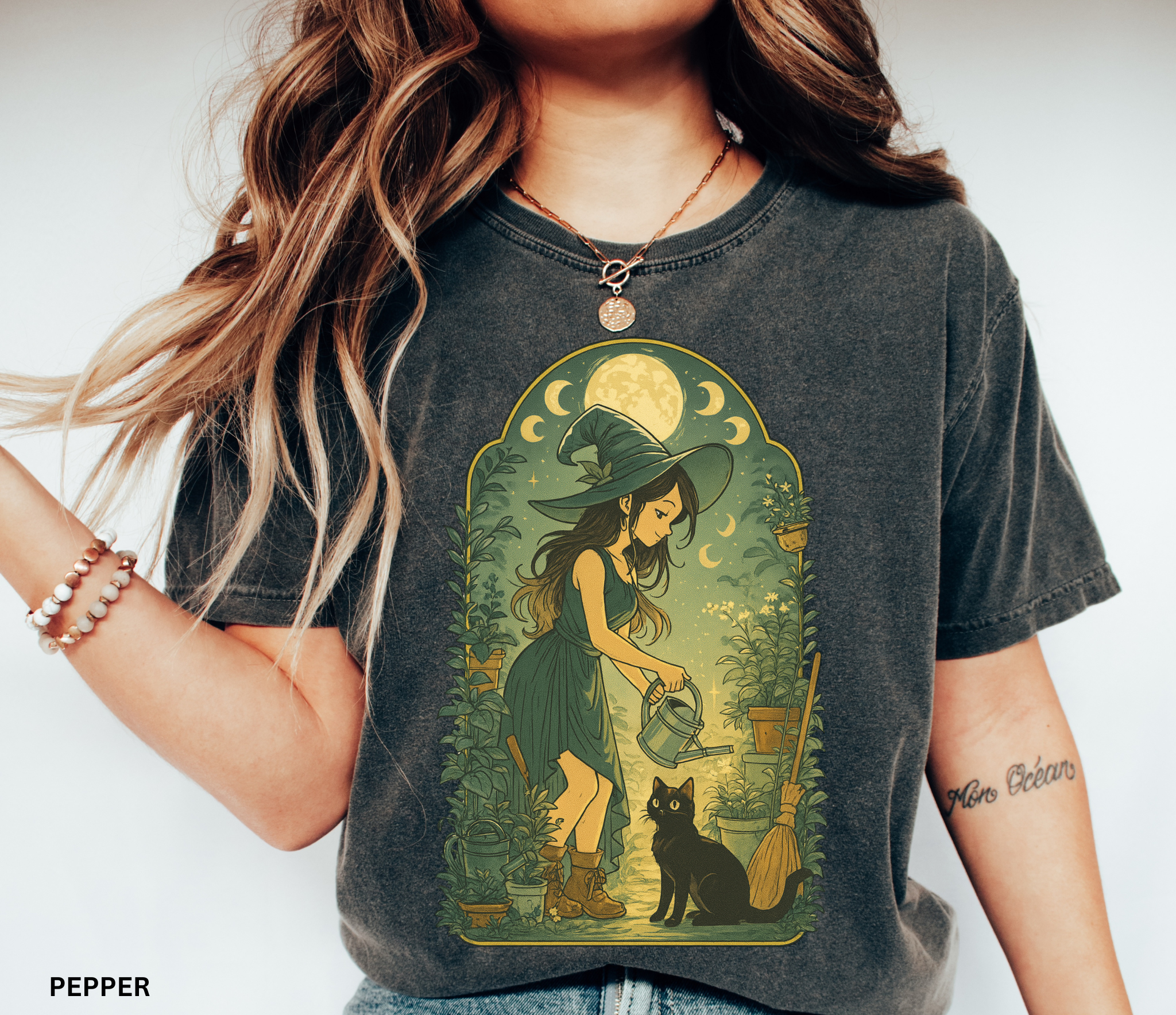 Illustration of a cottagecore garden witch watering plants under moon phases with a black cat companion, surrounded by potted greenery in a soft vintage fairycore style.