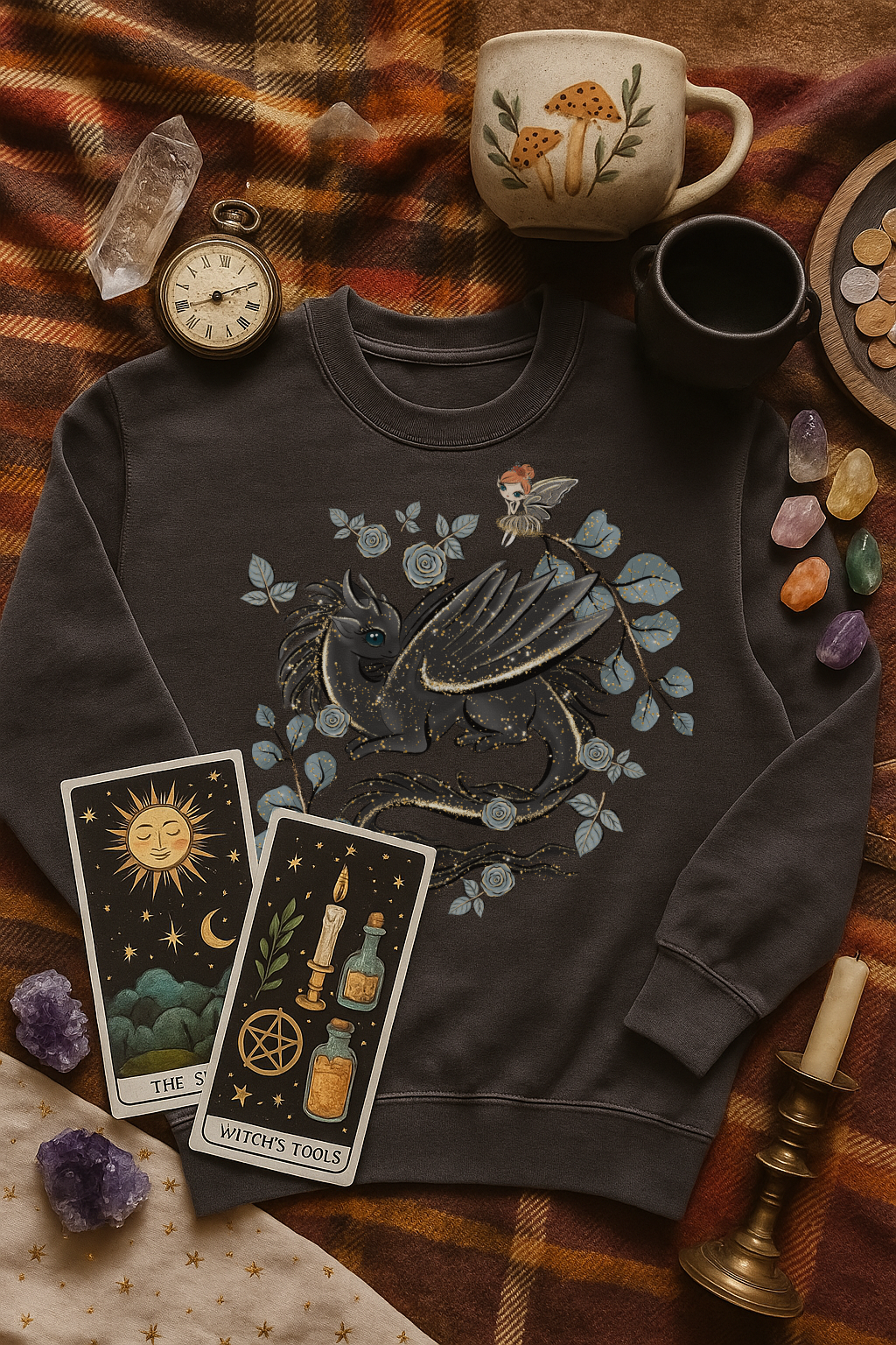 Close-up of dragon and fairy cottagecore design printed on a soft sweatshirt.