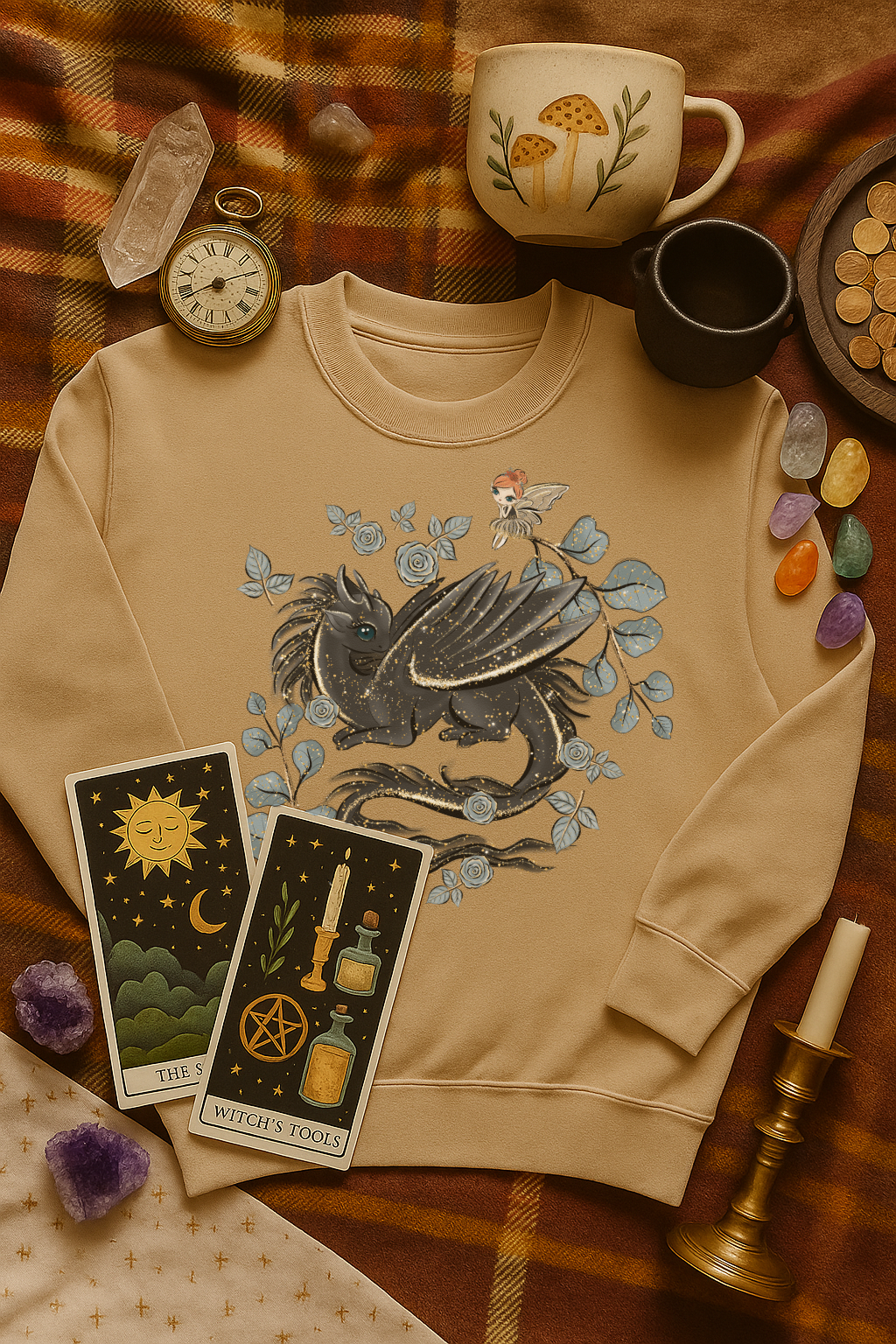 Close-up of dragon and fairy cottagecore design printed on a soft sweatshirt.