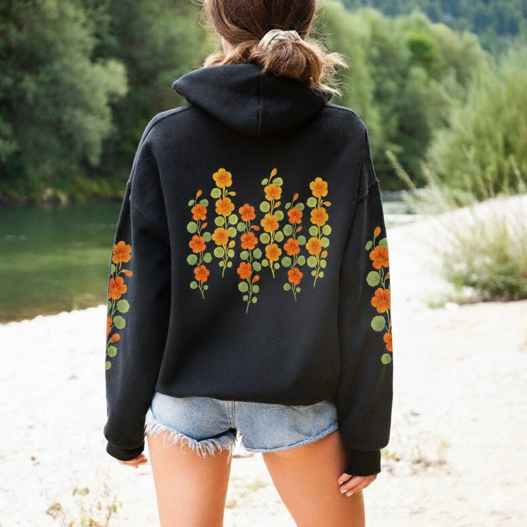 Botanical cottagecore hoodie with nasturtium vine sleeve print