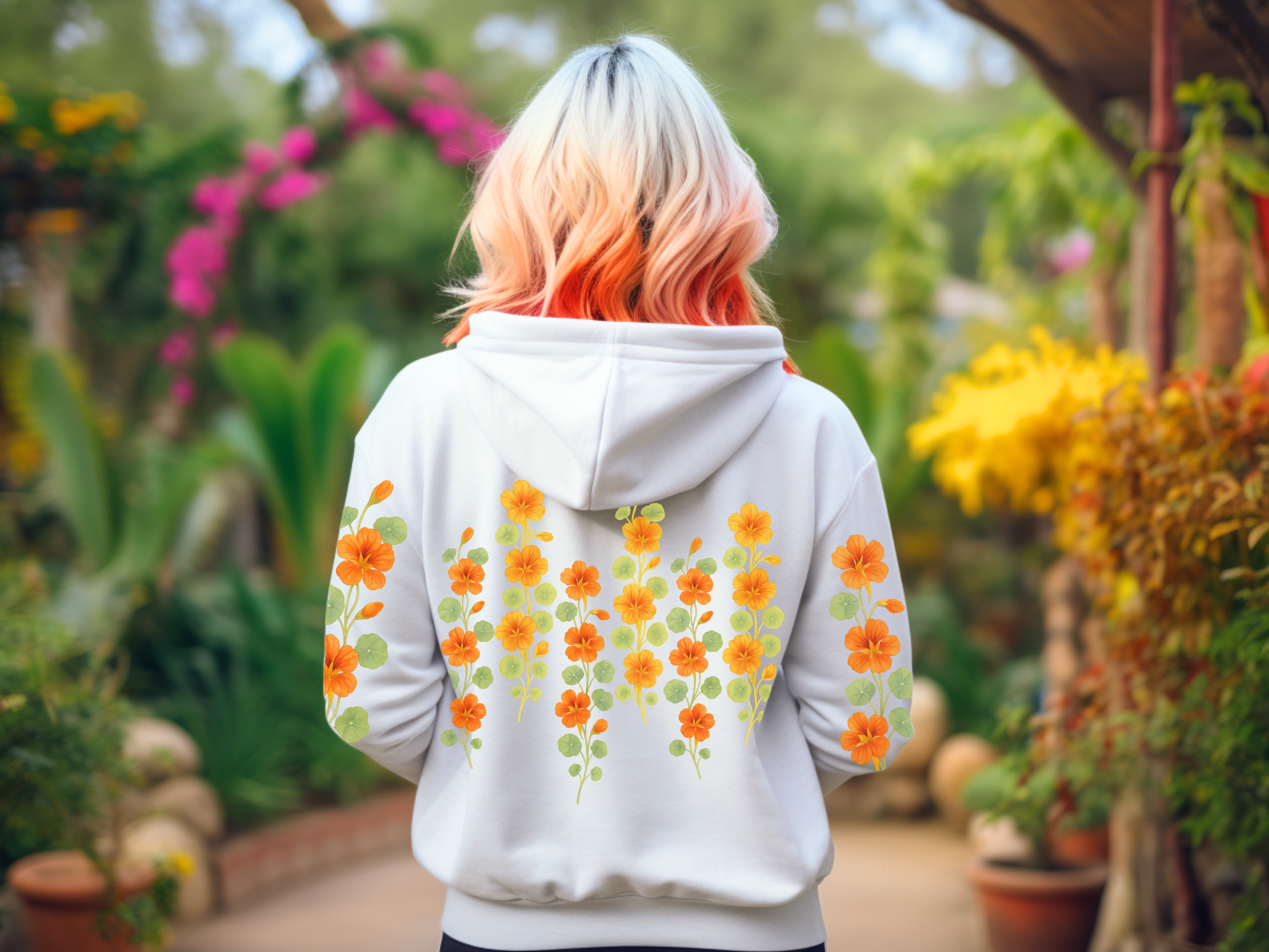 Botanical cottagecore hoodie with nasturtium vine sleeve print