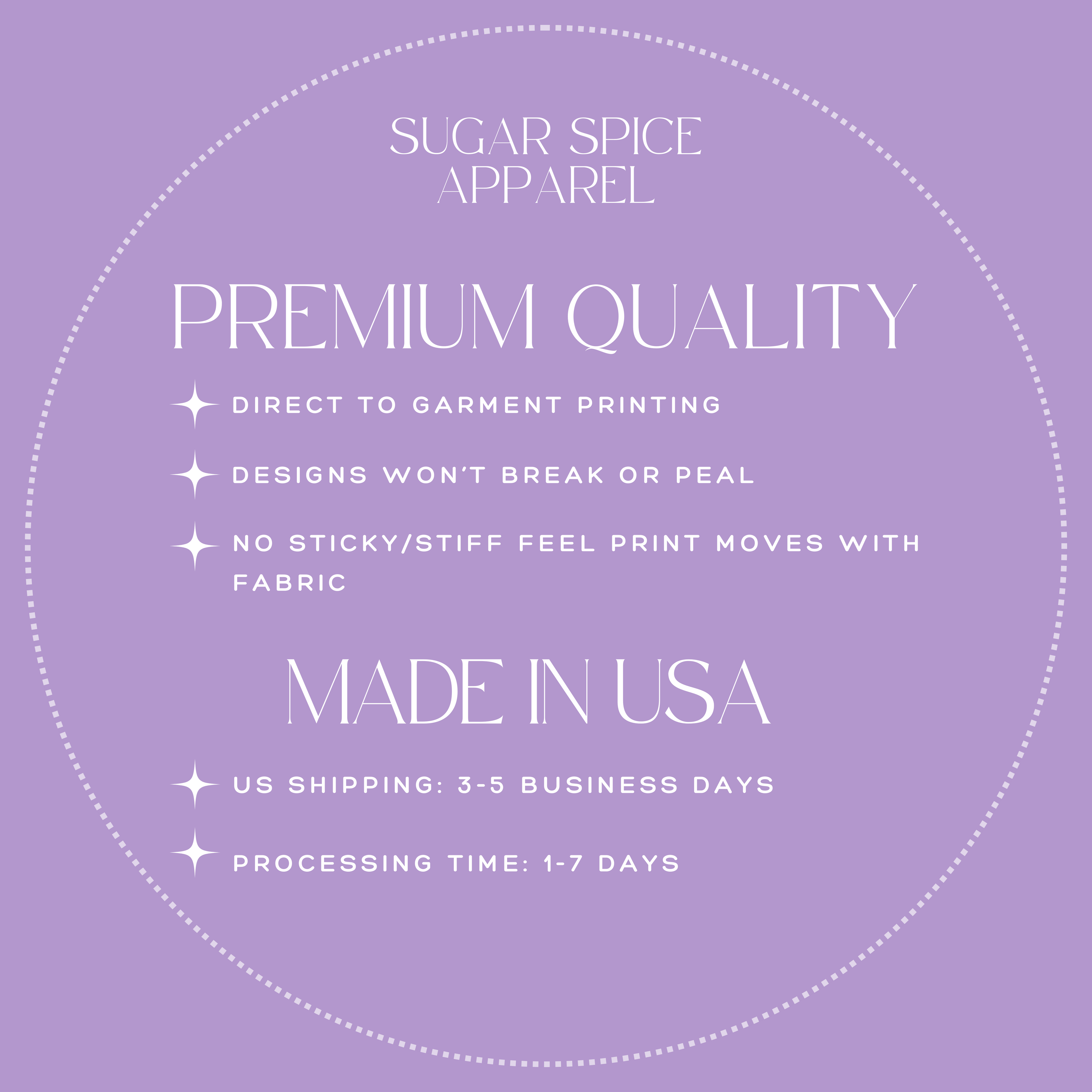 Promotional text about Sugar Spice Apparel on a purple background