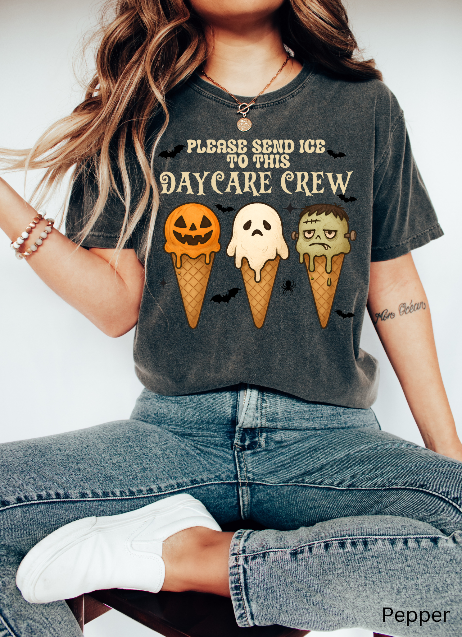 Halloween daycare teacher shirt with pumpkin, ghost, and Frankenstein ice cream cones and the phrase Please send ice to this daycare crew.
