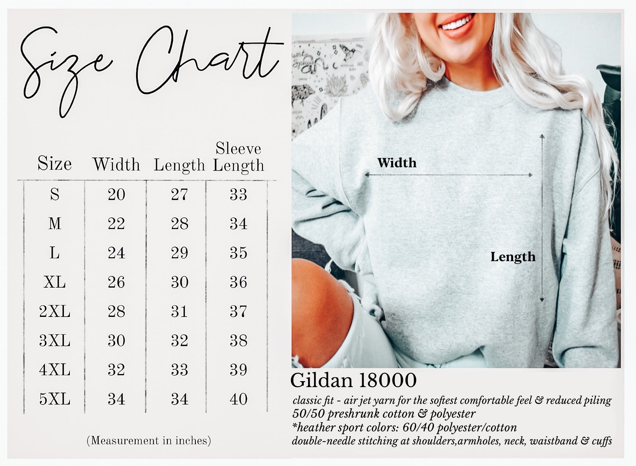 Size chart for a gray sweatshirt with measurements and a model wearing the sweatshirt.
