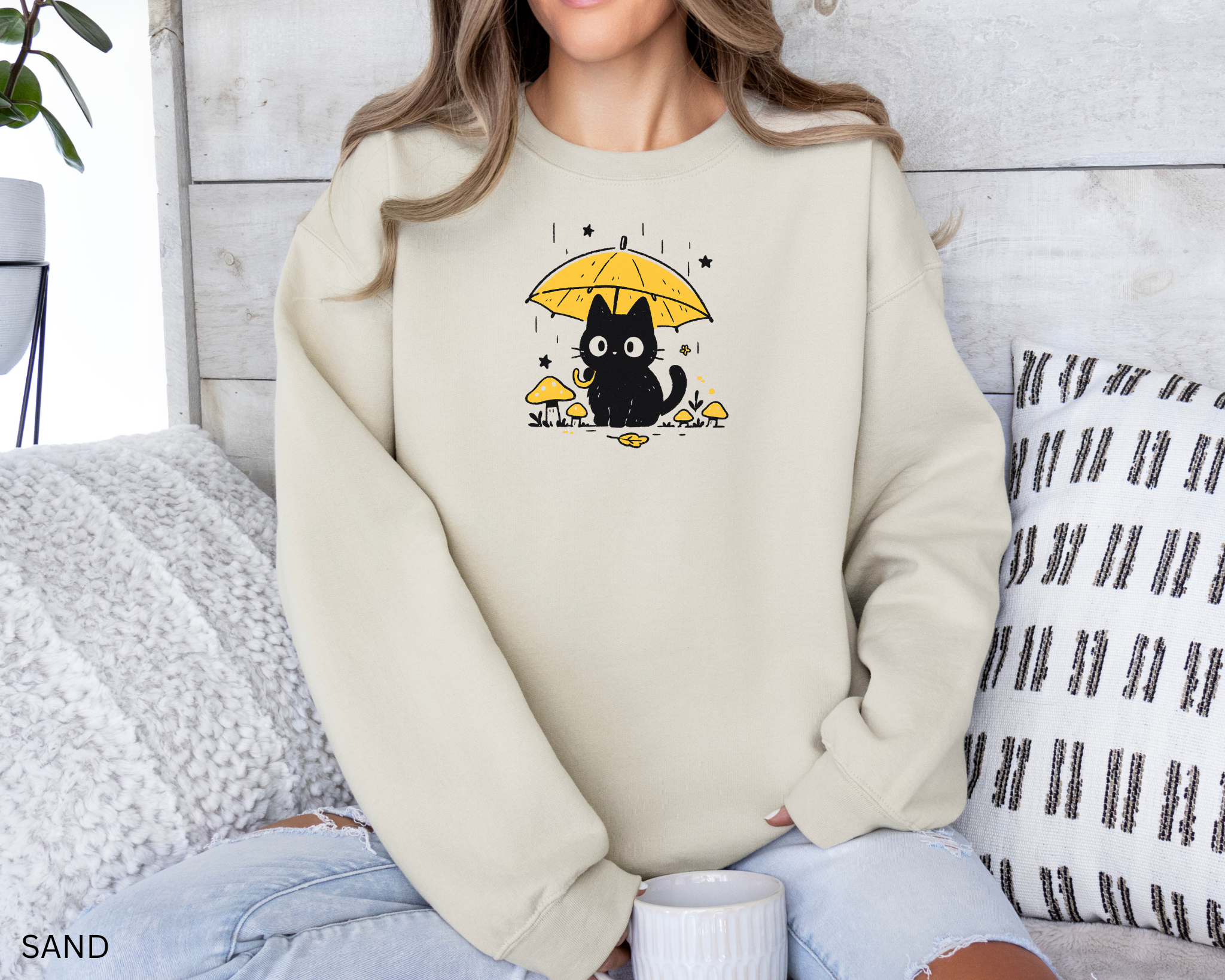 Comfortable sport grey sweatshirt with cute black cat and yellow umbrella artwork — perfect for cottagecore and cozy weather lovers