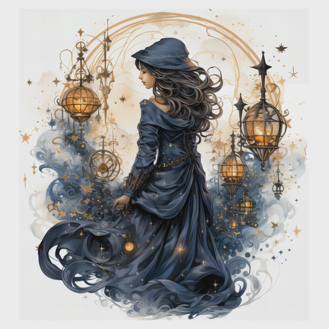 Celestial witch holding glowing lanterns surrounded by stars – witchcore fantasy shirt design
